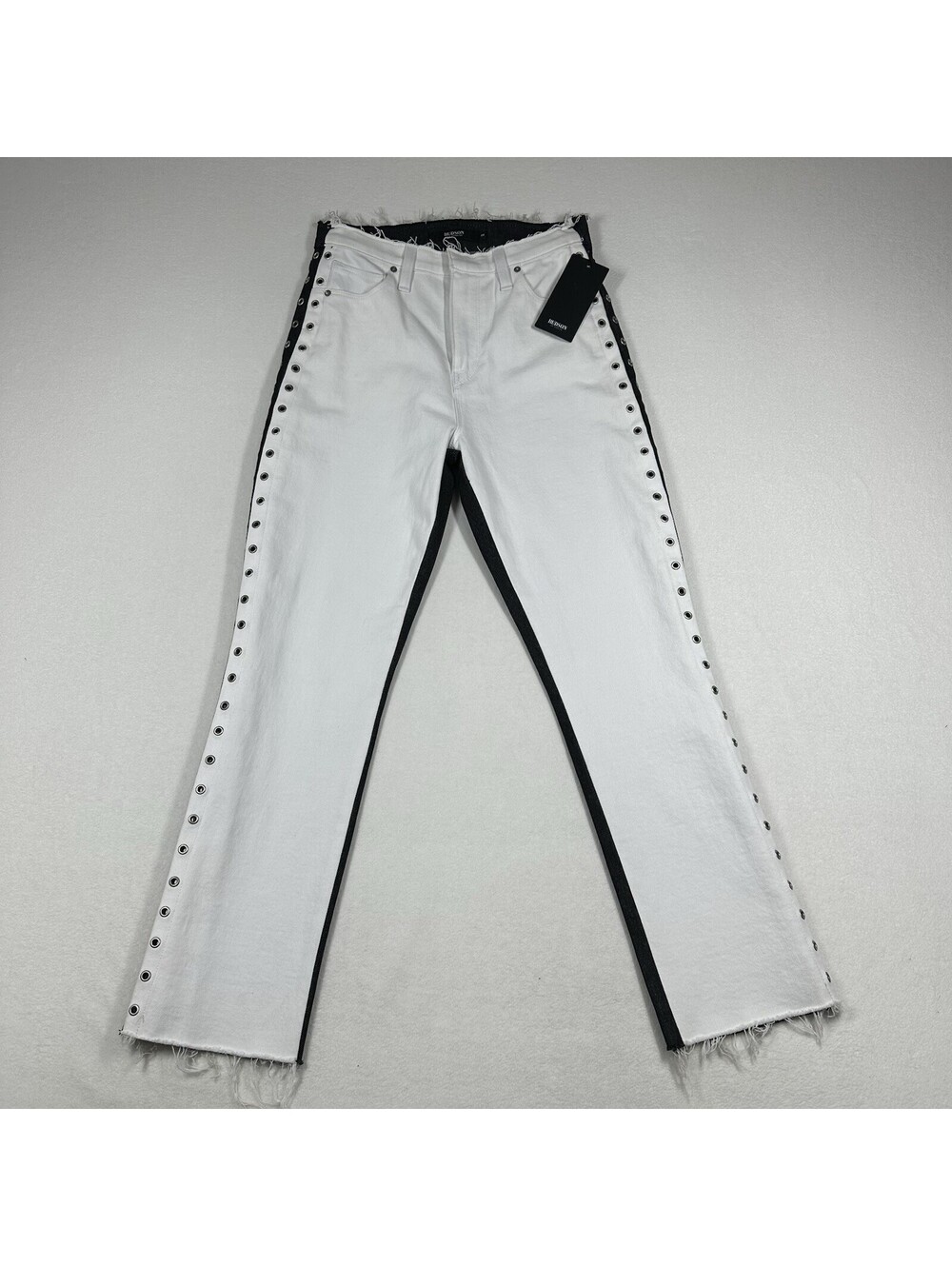 Hudson Holly Straight Jeans Womens 26 White Black Denim Grommet Frayed Hem NWT